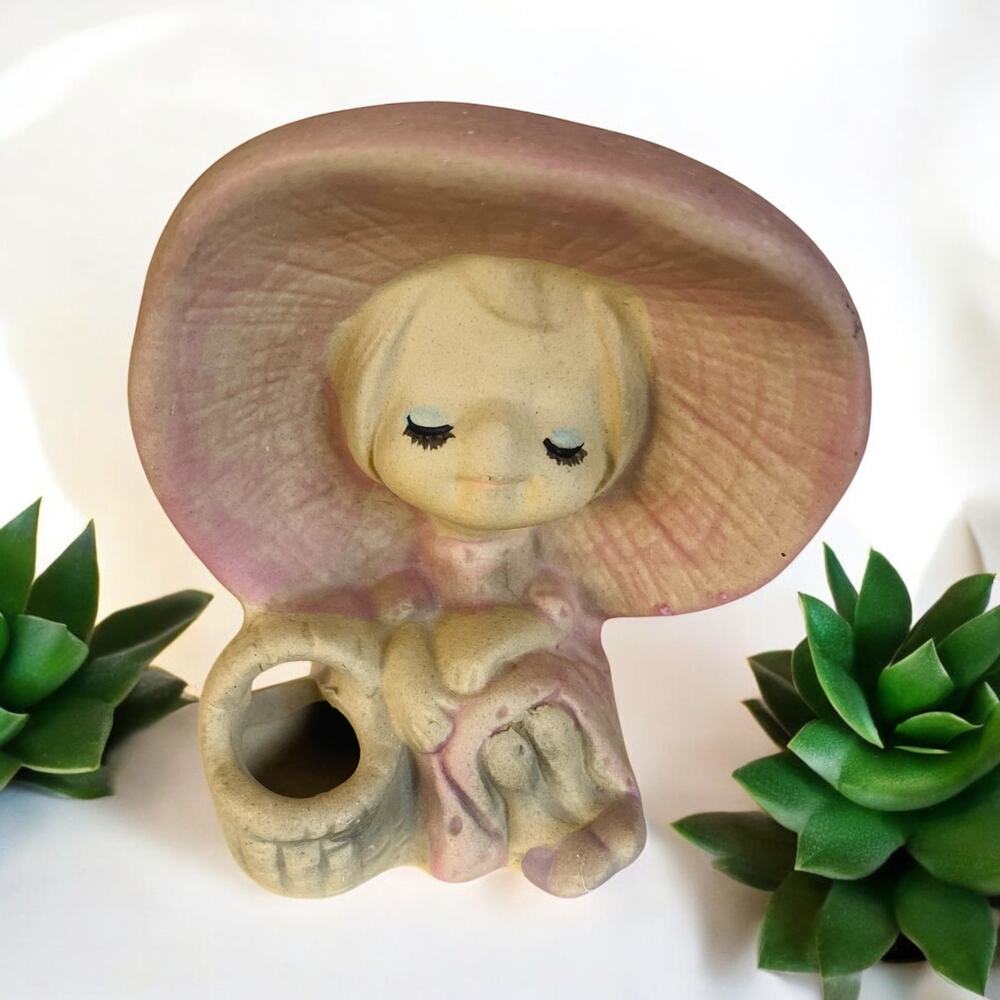 VINTAGE Japan UCTCI 1970 Pink Flower Girl in Sun Hat Basket Vase Figurine